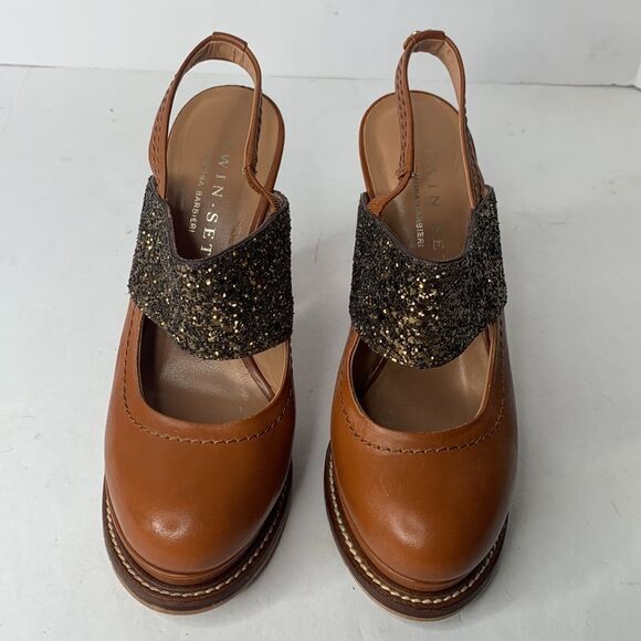 Twin-Set gold glitter tan leather platform pumps - Picture 2 of 10